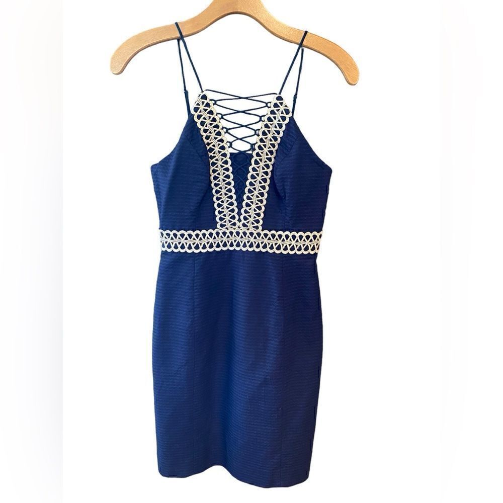 Lilly Pulitzer Sz 00 Navy Blue Gold Embroidery Trista Shift Lace-Up Dress